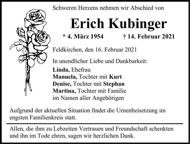 Traueranzeige Erich Kubinger