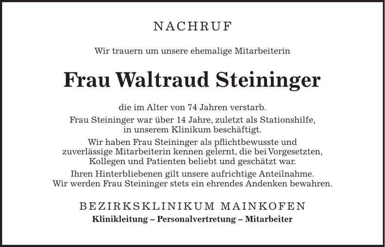 Traueranzeige Waltraud Steininger