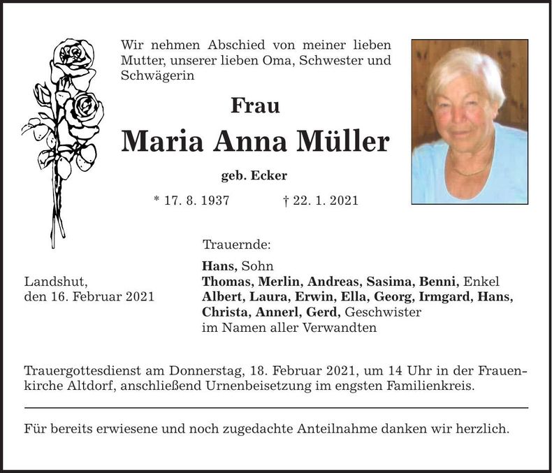 Traueranzeige Maria Anna Müller