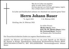 Traueranzeige Johann Bauer