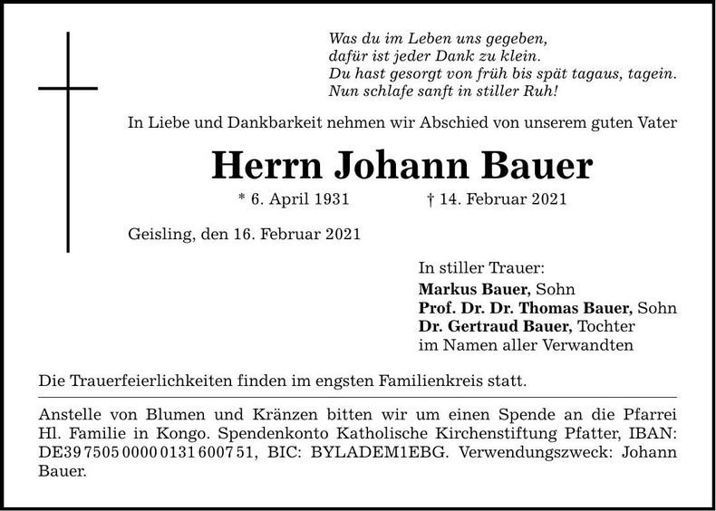 Traueranzeige Johann Bauer