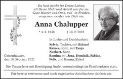 Traueranzeige Anna Chalupper
