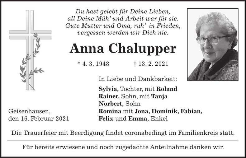 Traueranzeige Anna Chalupper