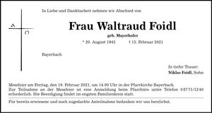Traueranzeige Waltraud Foidl