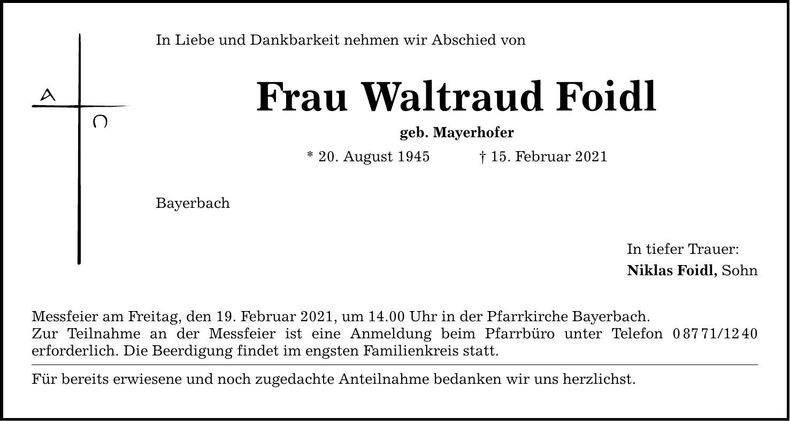 Traueranzeige Waltraud Foidl