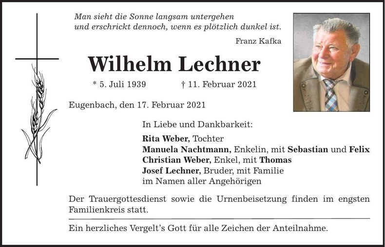 Traueranzeige Wilhelm Lechner
