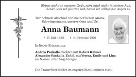 Traueranzeige Anna Baumann