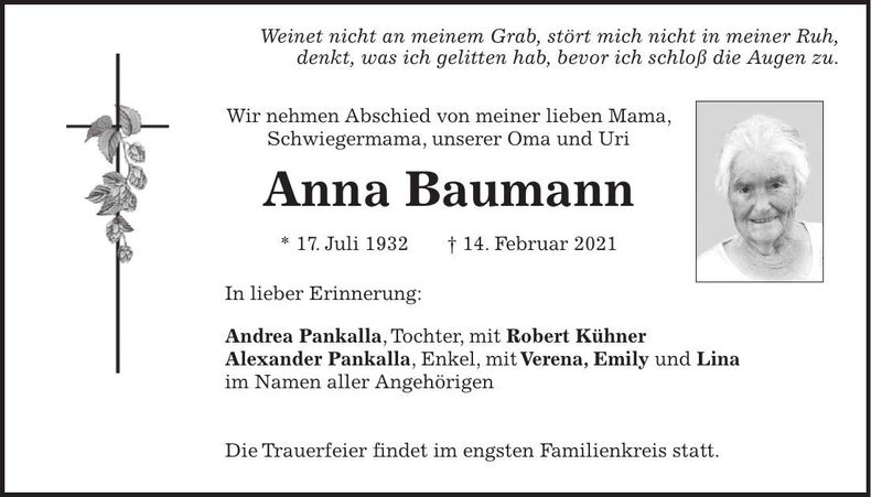 Traueranzeige Anna Baumann