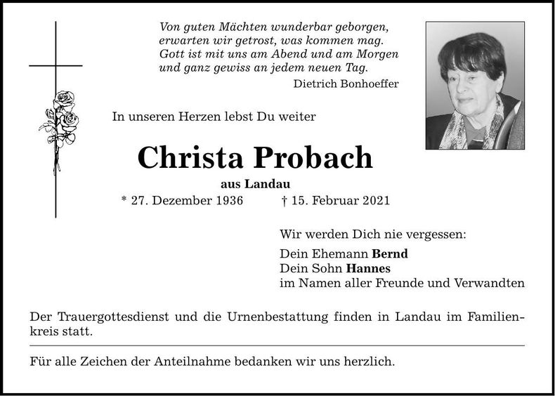 Traueranzeige Christa Probach