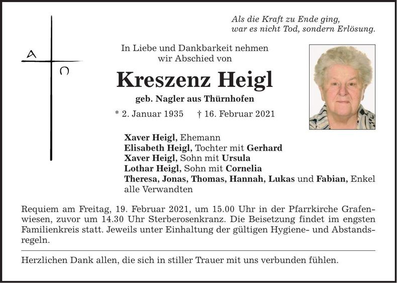 Traueranzeige Kreszenz Heigl