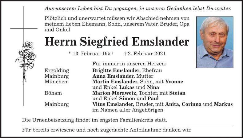 Traueranzeige Siegfried Emslander