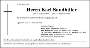 Traueranzeige Karl Sandbiller
