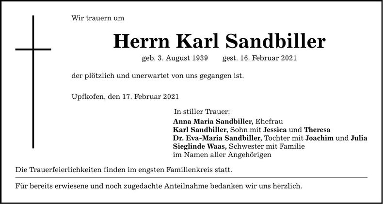 Traueranzeige Karl Sandbiller