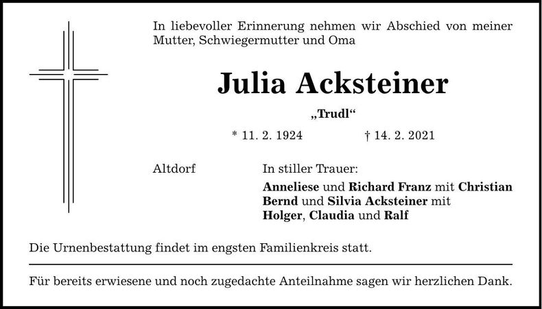 Traueranzeige Julia Acksteiner