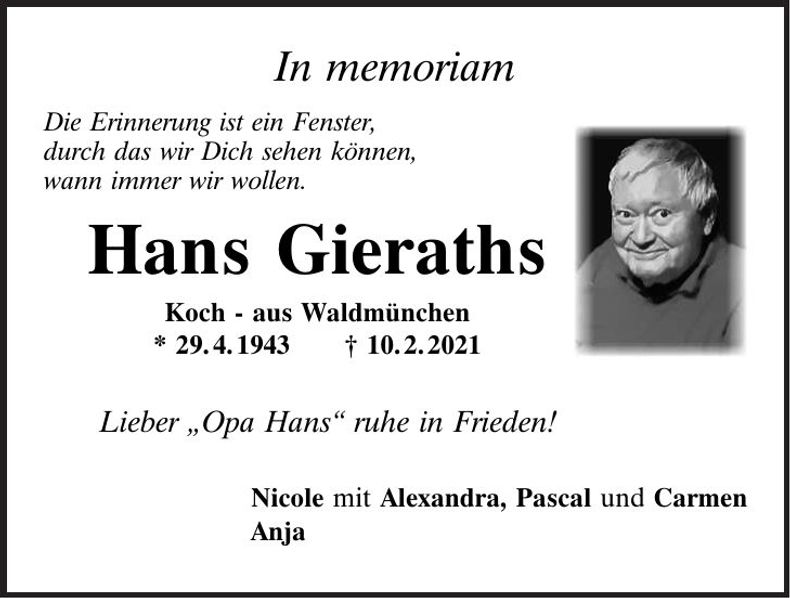 Traueranzeige Hans Gieraths