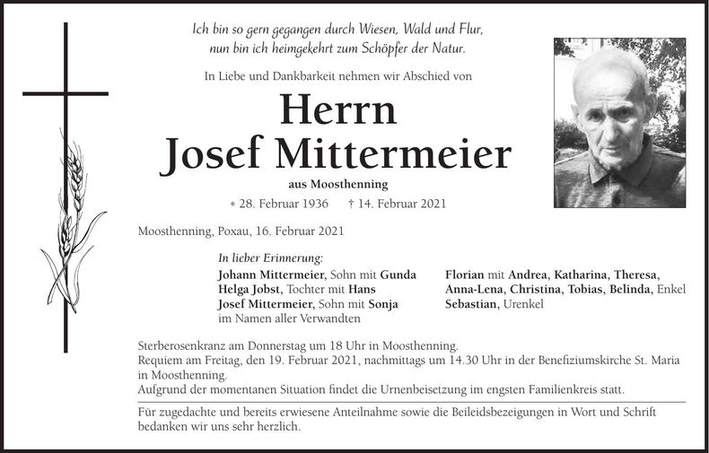 Traueranzeige Josef Mittermeier