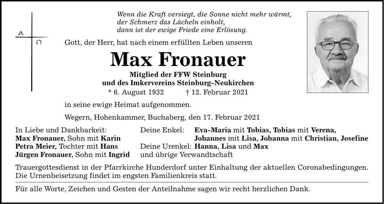 Traueranzeige Max Fronauer