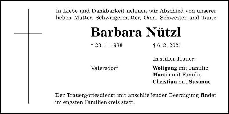 Traueranzeige Barbara Nützl
