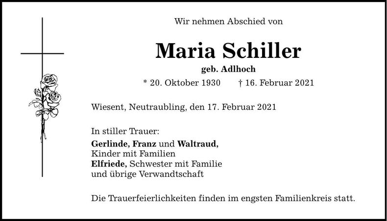 Traueranzeige Maria Schiller
