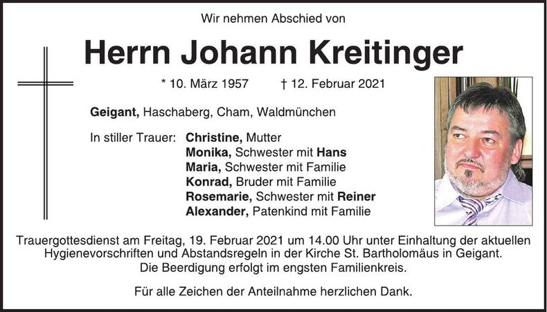 Traueranzeige Johann Kreitinger