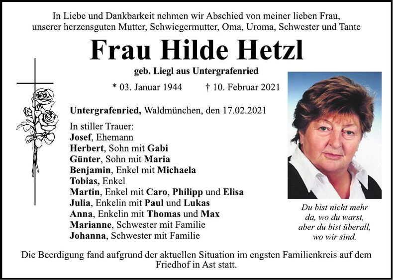 Traueranzeige Hilde Hetzl