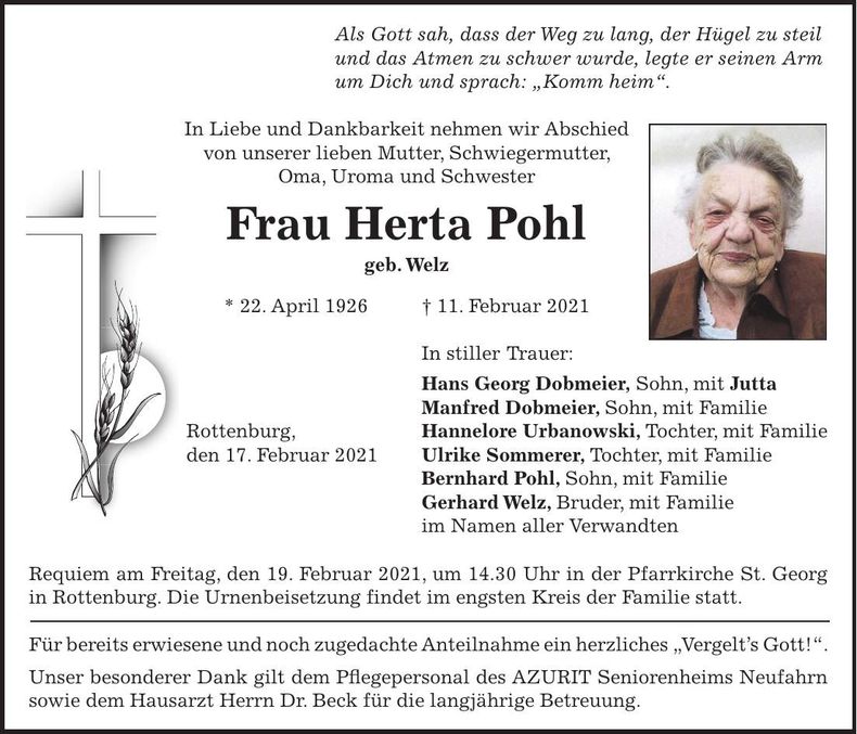 Traueranzeige Herta Pohl