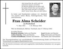 Traueranzeige Alma Scheider