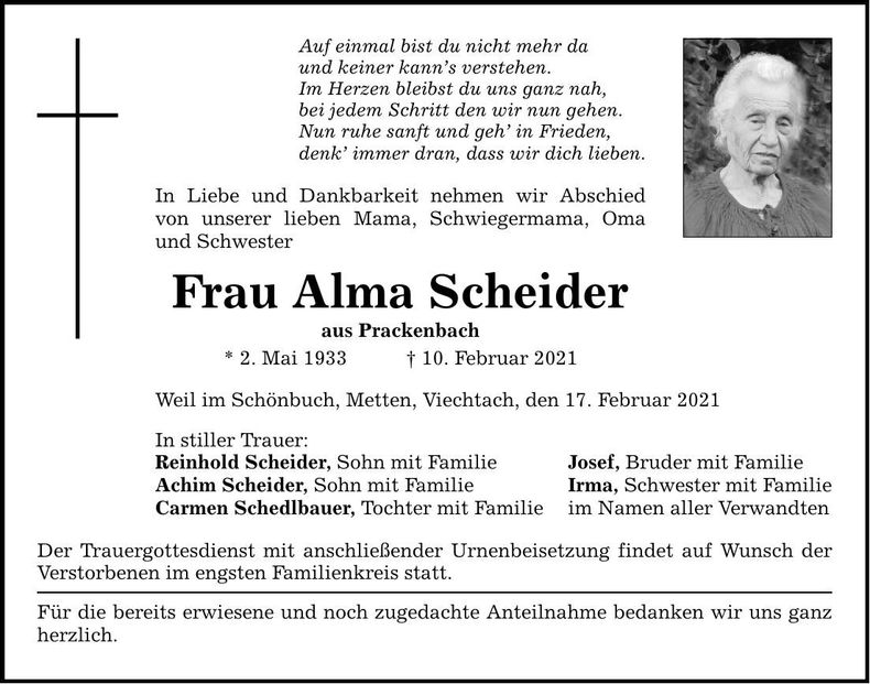 Traueranzeige Alma Scheider