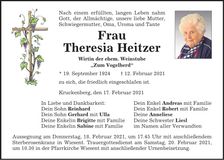 Traueranzeige Theresia Heitzer