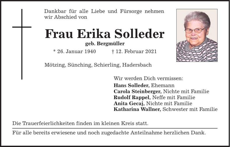 Traueranzeige Erika Solleder