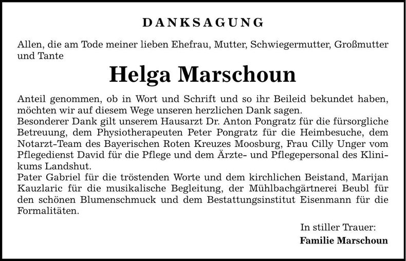 Traueranzeige Helga Marschoun