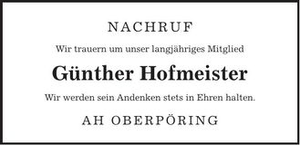 Traueranzeige Günther Hofmeister