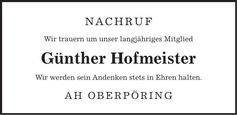 Traueranzeige Günther Hofmeister