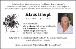Traueranzeige Klaus Haupt