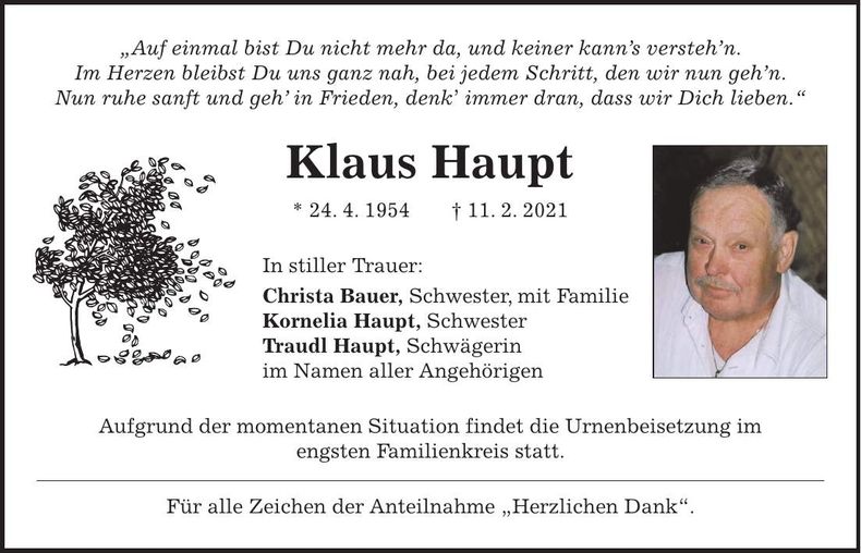 Traueranzeige Klaus Haupt