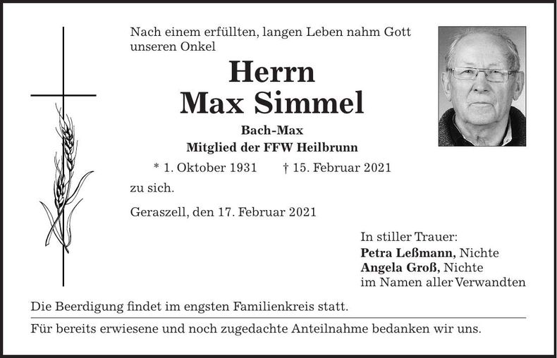 Traueranzeige Max Simmel