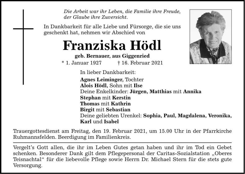 Traueranzeige Franziska Hödl