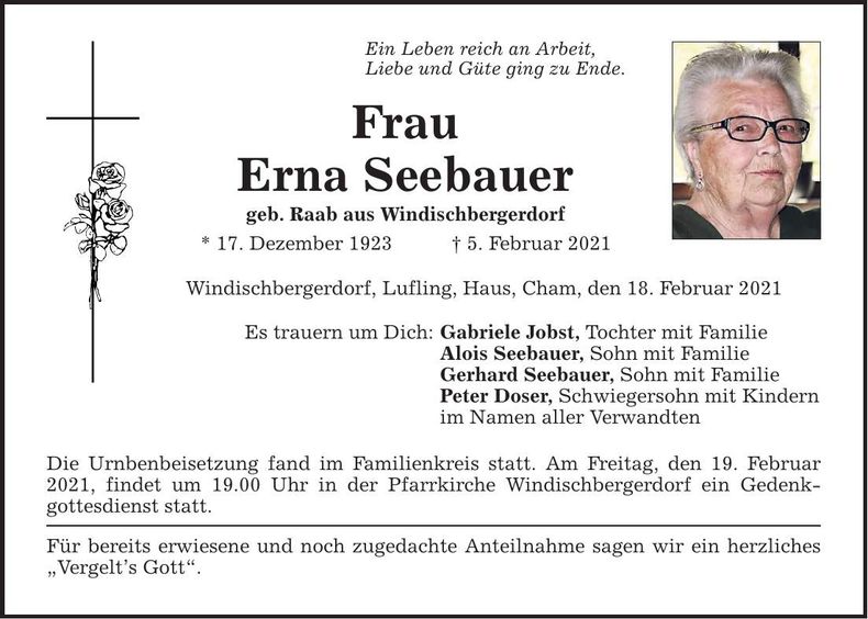 Traueranzeige Erna Seebauer