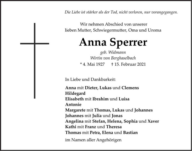 Traueranzeige Anna Sperrer