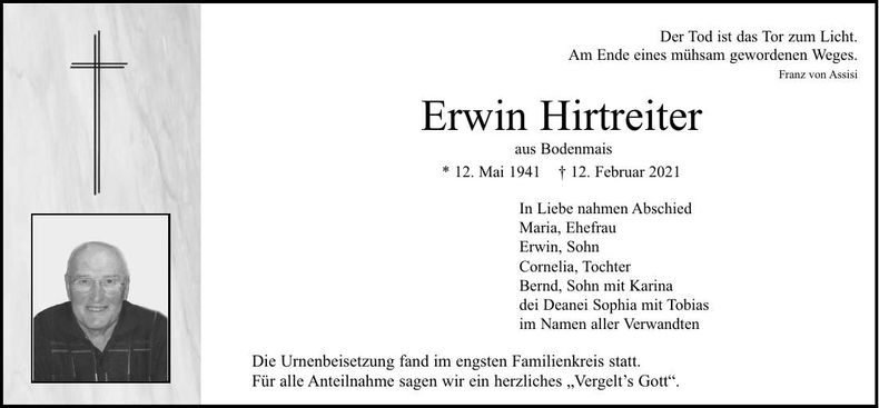 Traueranzeige Erwin Hirtreiter