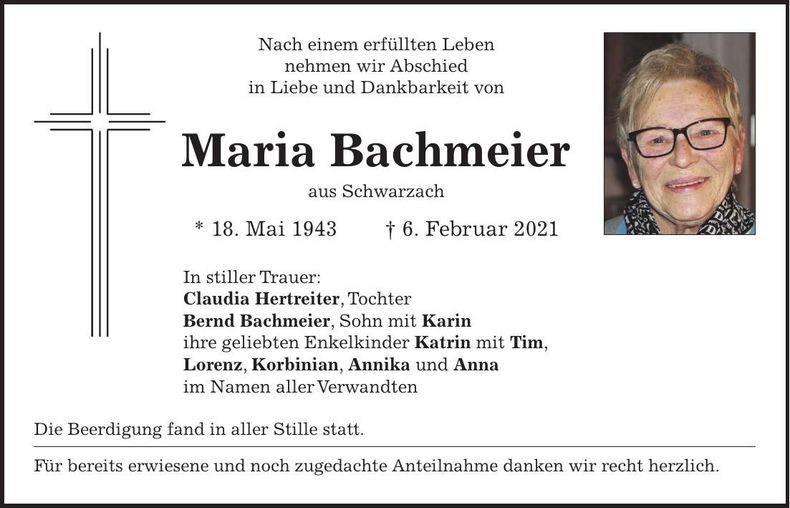 Traueranzeige Maria Bachmeier