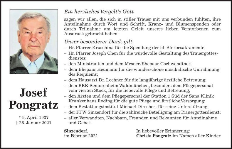 Traueranzeige Josef Pongratz