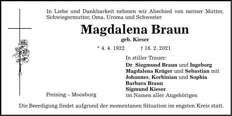 Traueranzeige Magdalena Braun