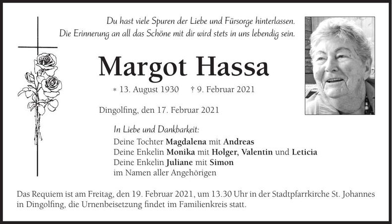 Traueranzeige Margot Hassa