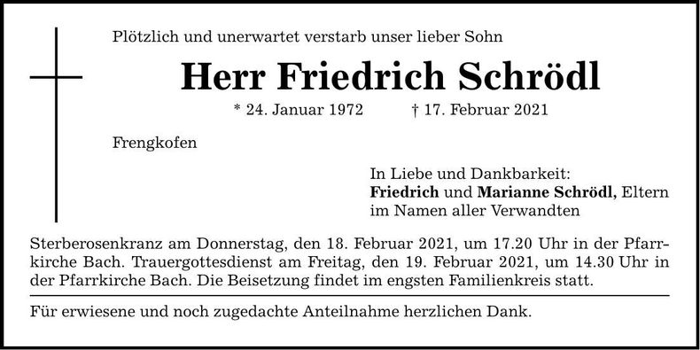 Traueranzeige Friedrich Schrödl