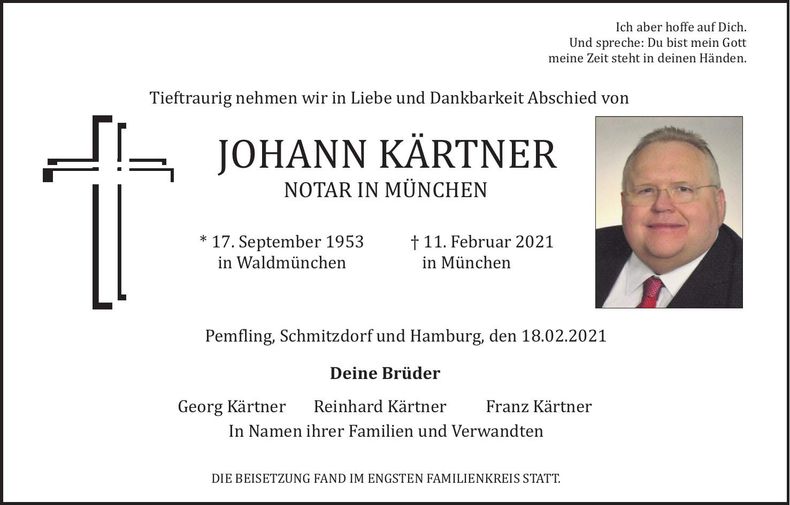 Traueranzeige Johann Kärtner