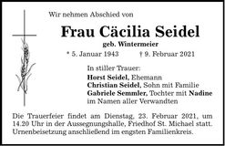 Traueranzeige Cäcilia Seidel