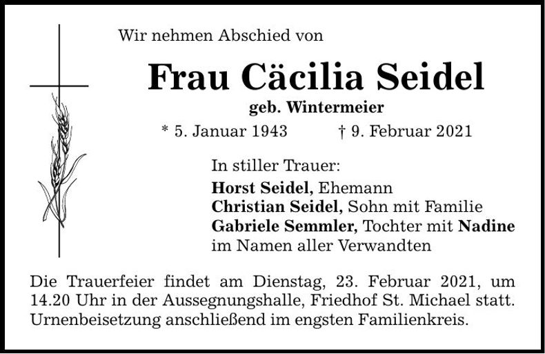 Traueranzeige Cäcilia Seidel