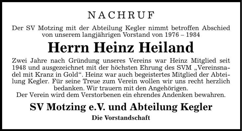 Traueranzeige Heinz Heiland