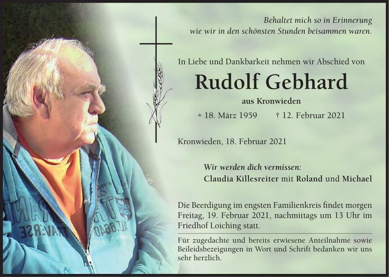 Traueranzeige Rudolf Gebhard